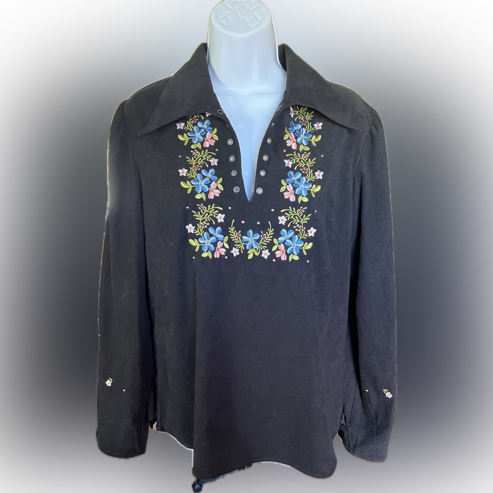 Hello Dolly Floral Embroidered Black Blouse